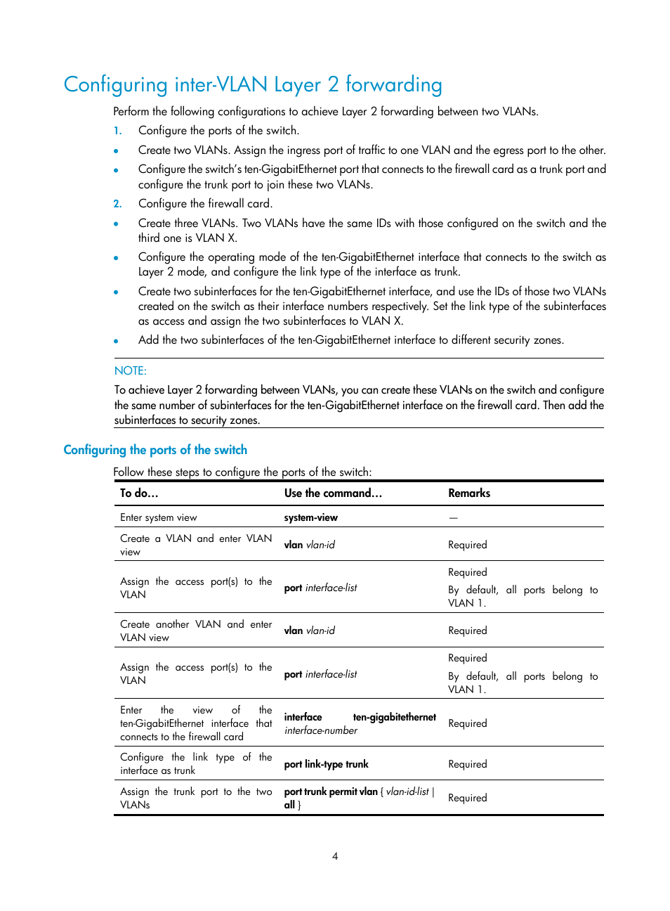 Configuring inter-vlan layer 2 forwarding, Configuring the ports of the switch | H3C Technologies H3C SecBlade FW Cards User Manual | Page 5 / 16