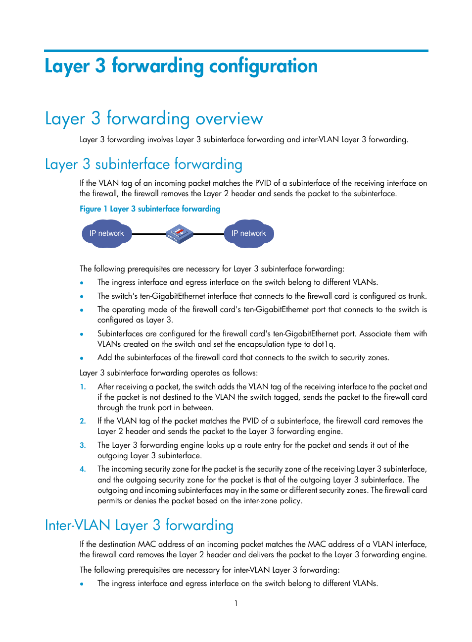 Layer 3 forwarding configuration, Layer 3 forwarding overview, Layer 3 subinterface forwarding | Inter-vlan layer 3 forwarding | H3C Technologies H3C SecBlade FW Cards User Manual | Page 2 / 12