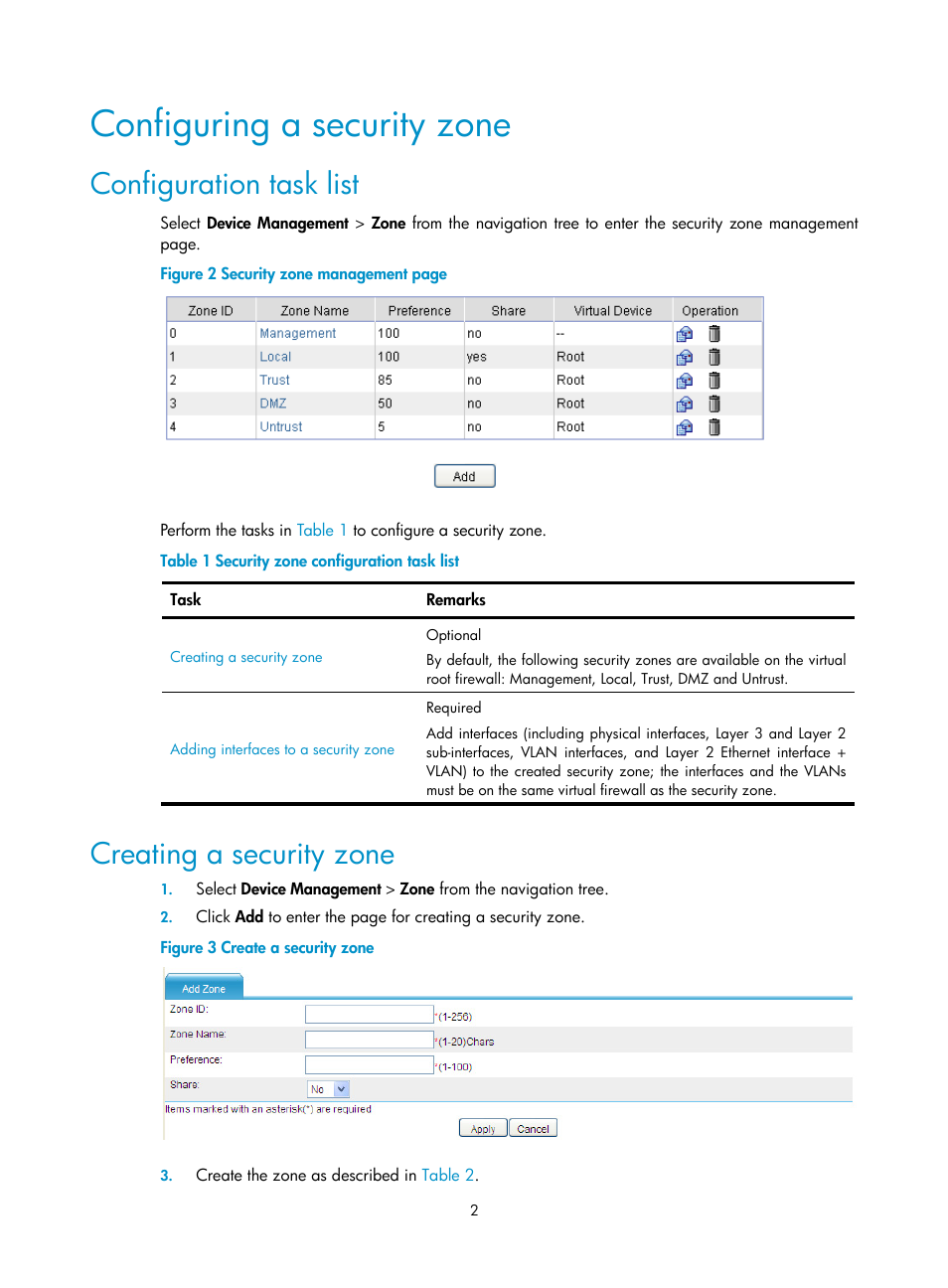 Configuring a security zone, Configuration task list, Creating a security zone | H3C Technologies H3C SecBlade FW Cards User Manual | Page 3 / 6