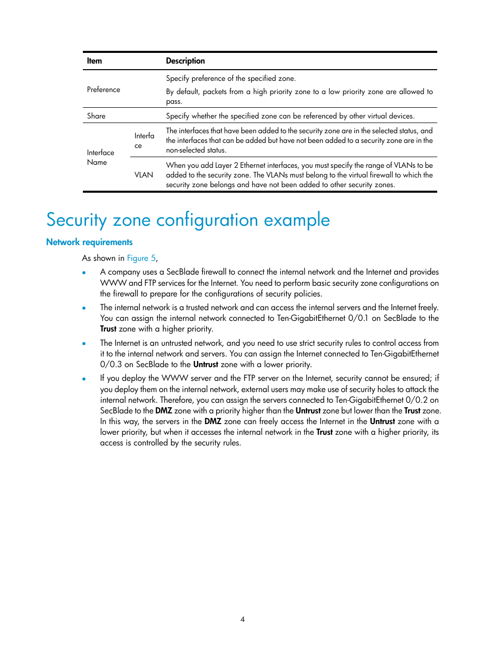 Security zone configuration example, Network requirements | H3C Technologies H3C SecBlade FW Cards User Manual | Page 5 / 6