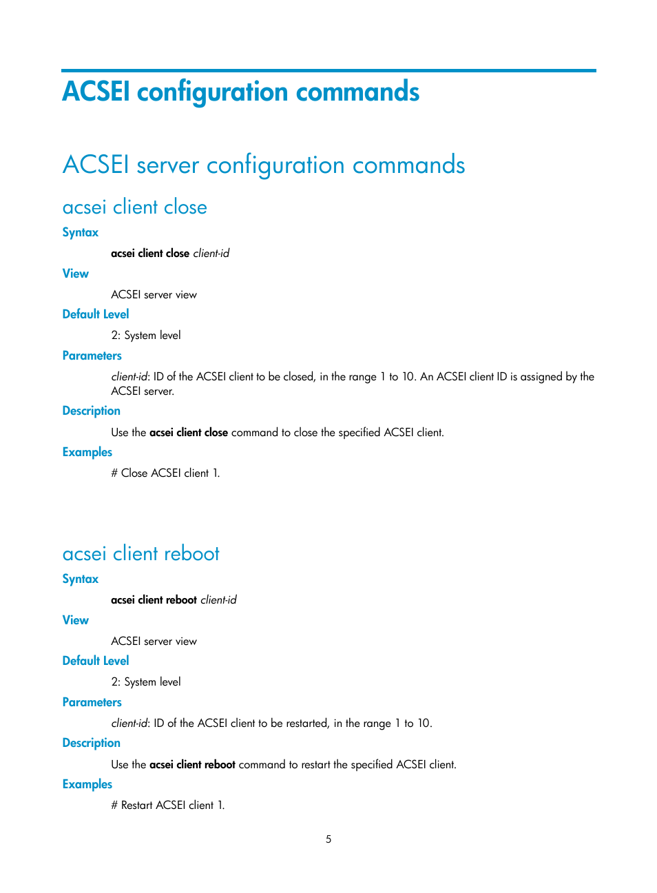 Acsei configuration commands, Acsei server configuration commands, Acsei client close | Acsei client reboot | H3C Technologies H3C SecBlade FW Cards User Manual | Page 14 / 21