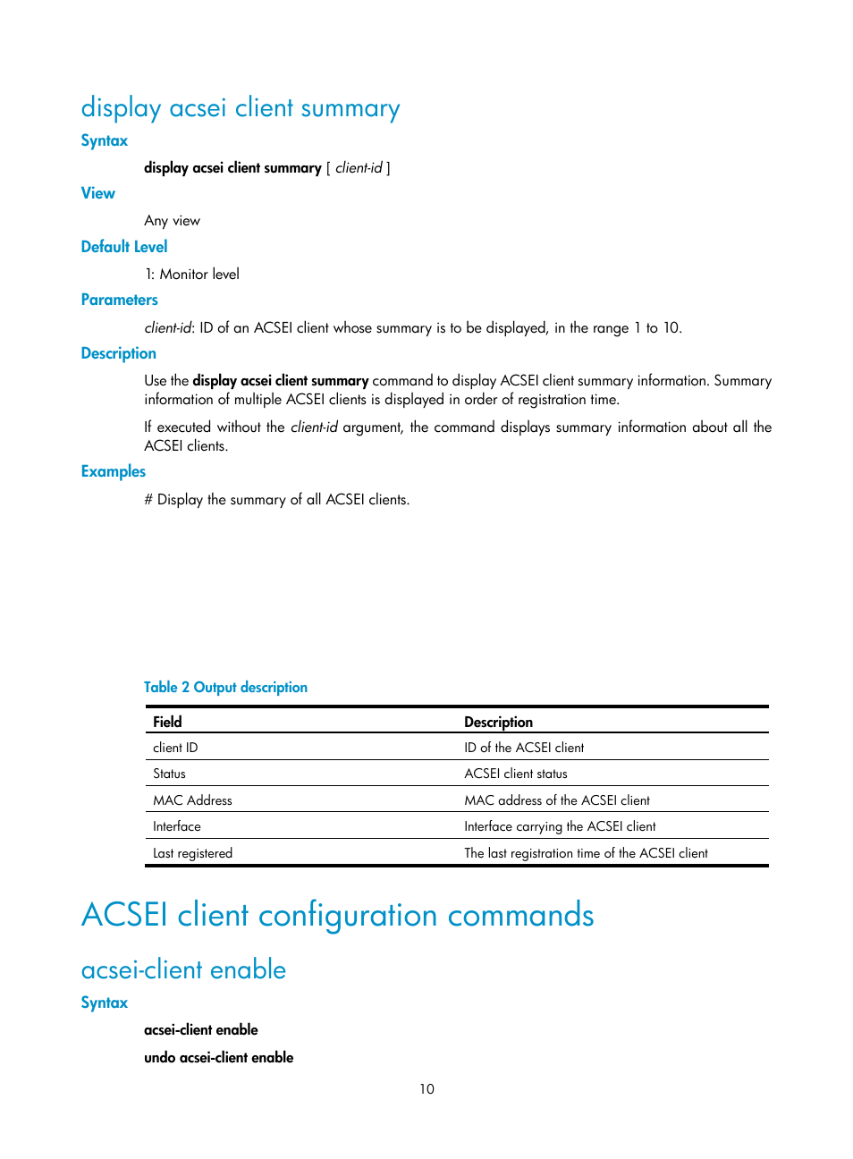 Display acsei client summary, Acsei client configuration commands, Acsei-client enable | H3C Technologies H3C SecBlade FW Cards User Manual | Page 19 / 21