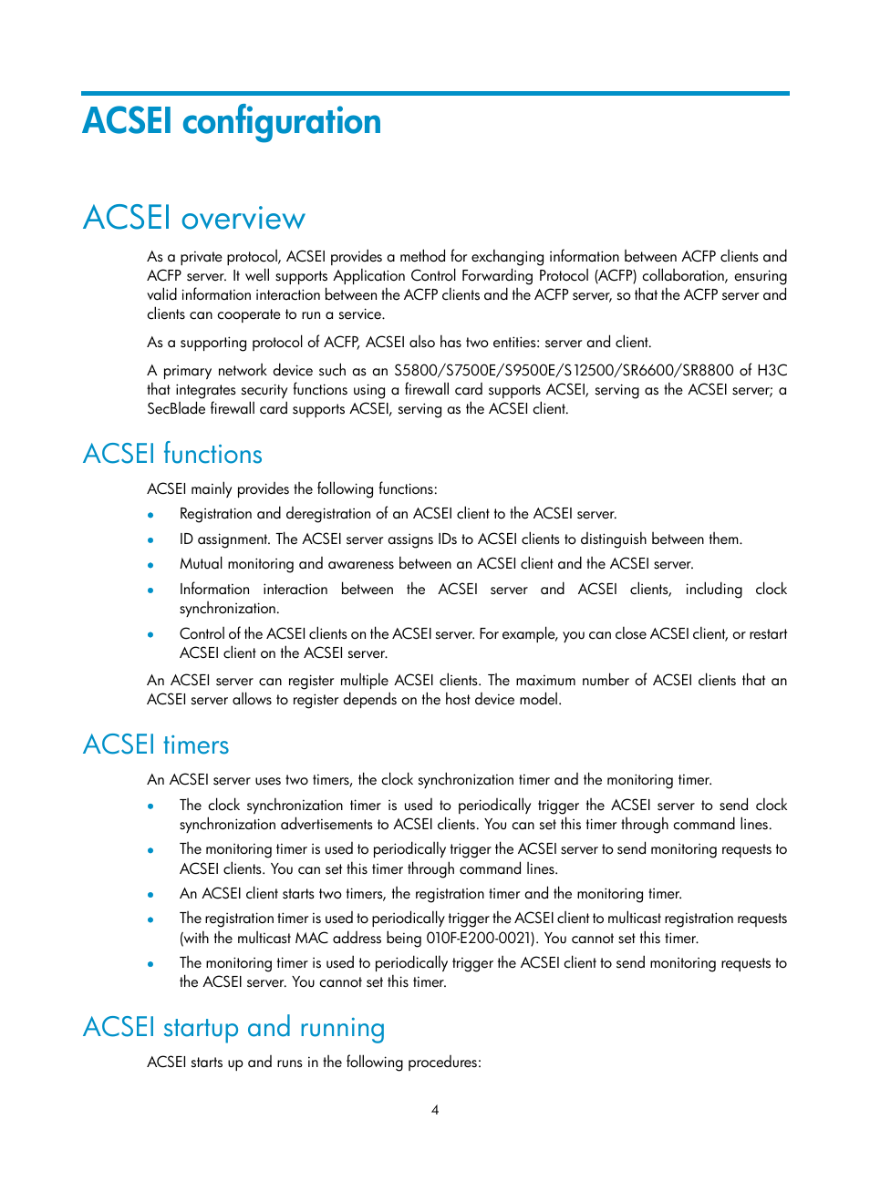 Acsei configuration, Acsei overview, Acsei functions | Acsei timers, Acsei startup and running | H3C Technologies H3C SecBlade FW Cards User Manual | Page 5 / 21