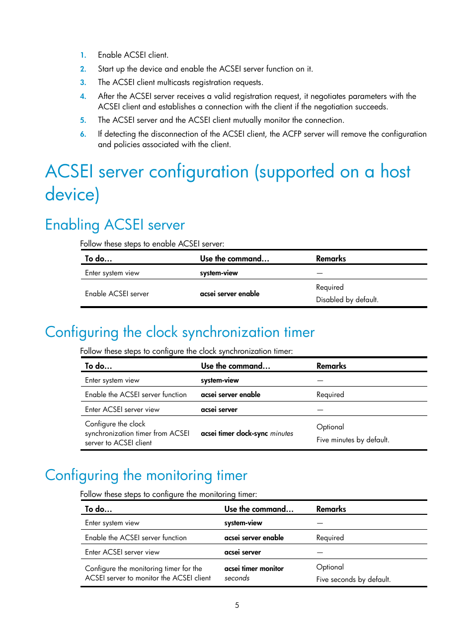 Enabling acsei server, Configuring the clock synchronization timer, Configuring the monitoring timer | H3C Technologies H3C SecBlade FW Cards User Manual | Page 6 / 21