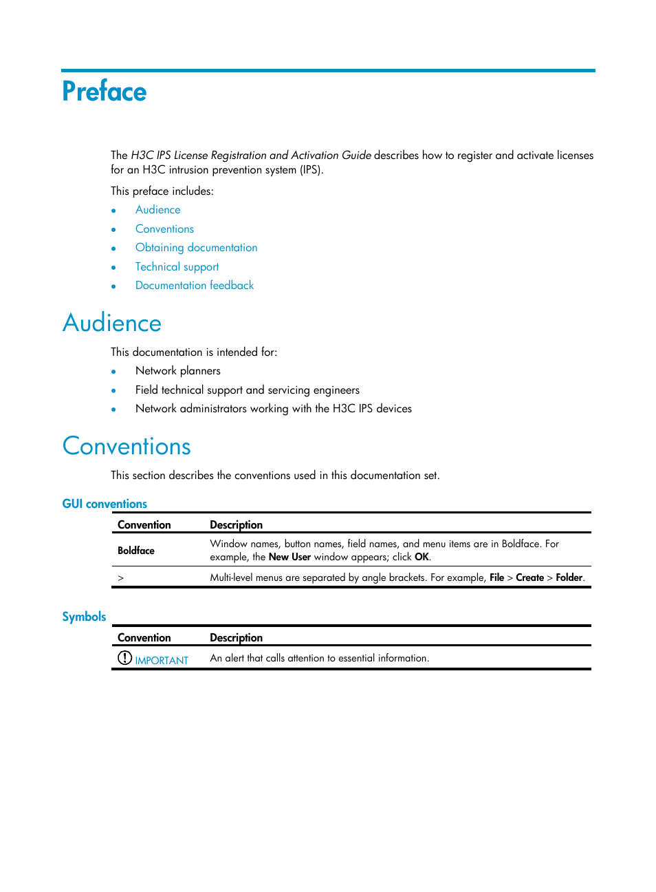 Preface, Audience, Conventions | Gui conventions, Symbols | H3C Technologies H3C SecBlade IPS Cards User Manual | Page 3 / 18