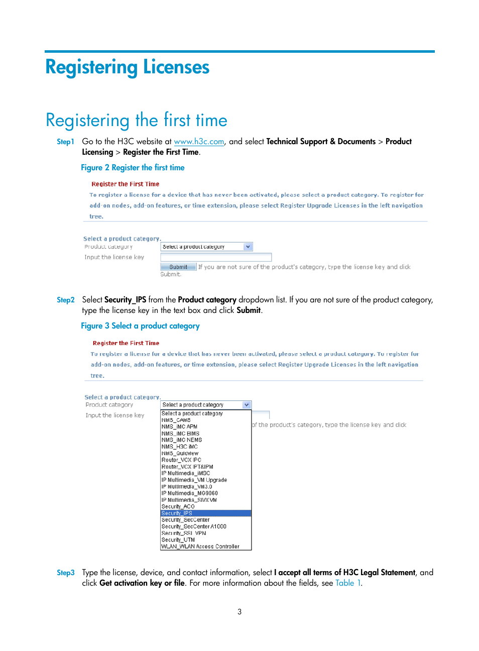 Registering licenses, Registering the first time | H3C Technologies H3C SecBlade IPS Cards User Manual | Page 8 / 18