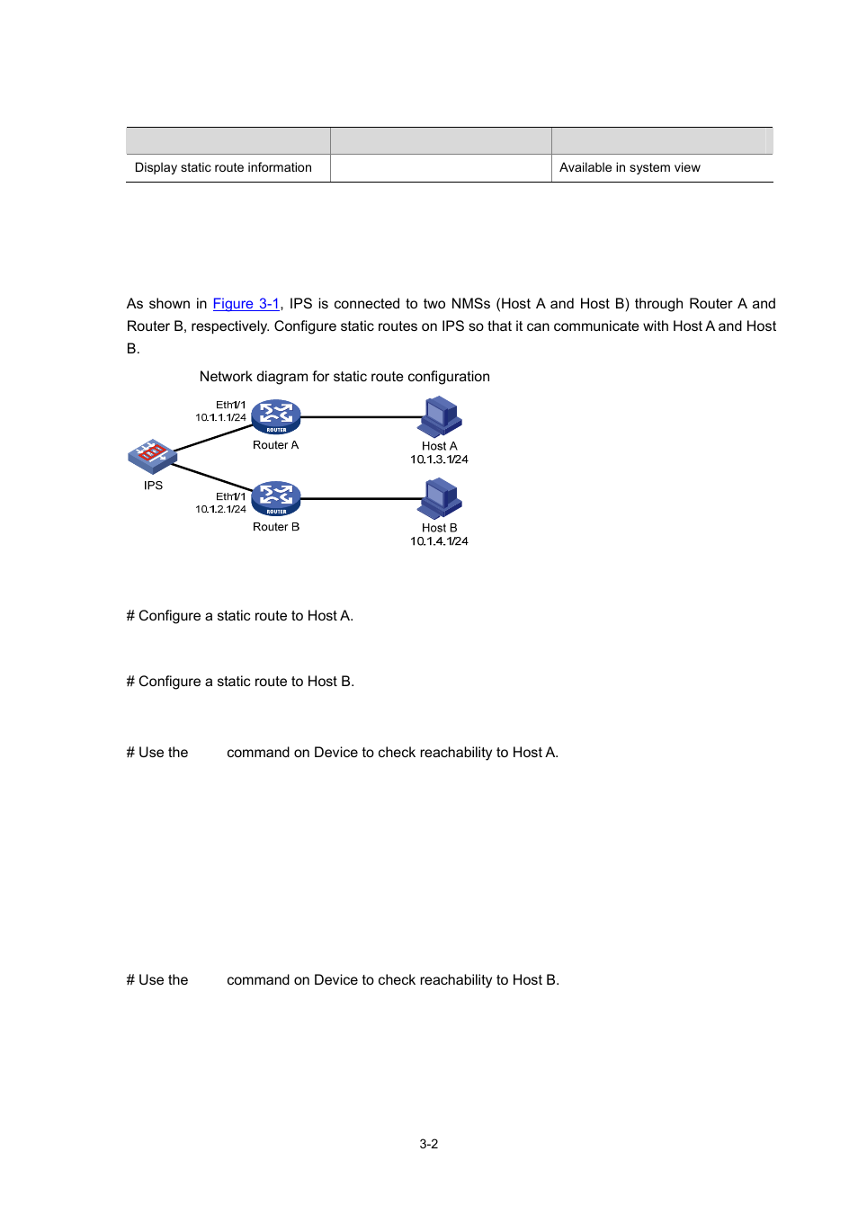 Displaying and maintaining static routes, Static route configuration example, Network requirements | Configuration procedure, Configuration verification | H3C Technologies H3C SecBlade IPS Cards User Manual | Page 14 / 31