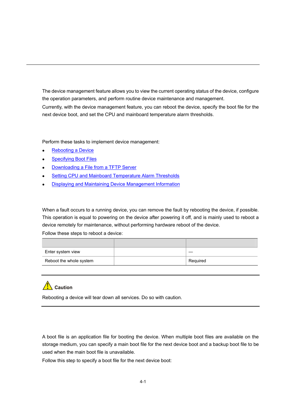 4 device management, Device management overview, Device management tasks | Rebooting a device, Specifying boot files, 1 device management tasks, 1 specifying boot files, Device management | H3C Technologies H3C SecBlade IPS Cards User Manual | Page 16 / 31