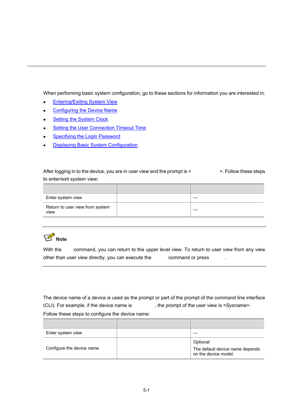 5 basic system configuration, Basic system configuration, Entering/exiting system view | Configuring the device name, 1 configuring the device name | H3C Technologies H3C SecBlade IPS Cards User Manual | Page 20 / 31