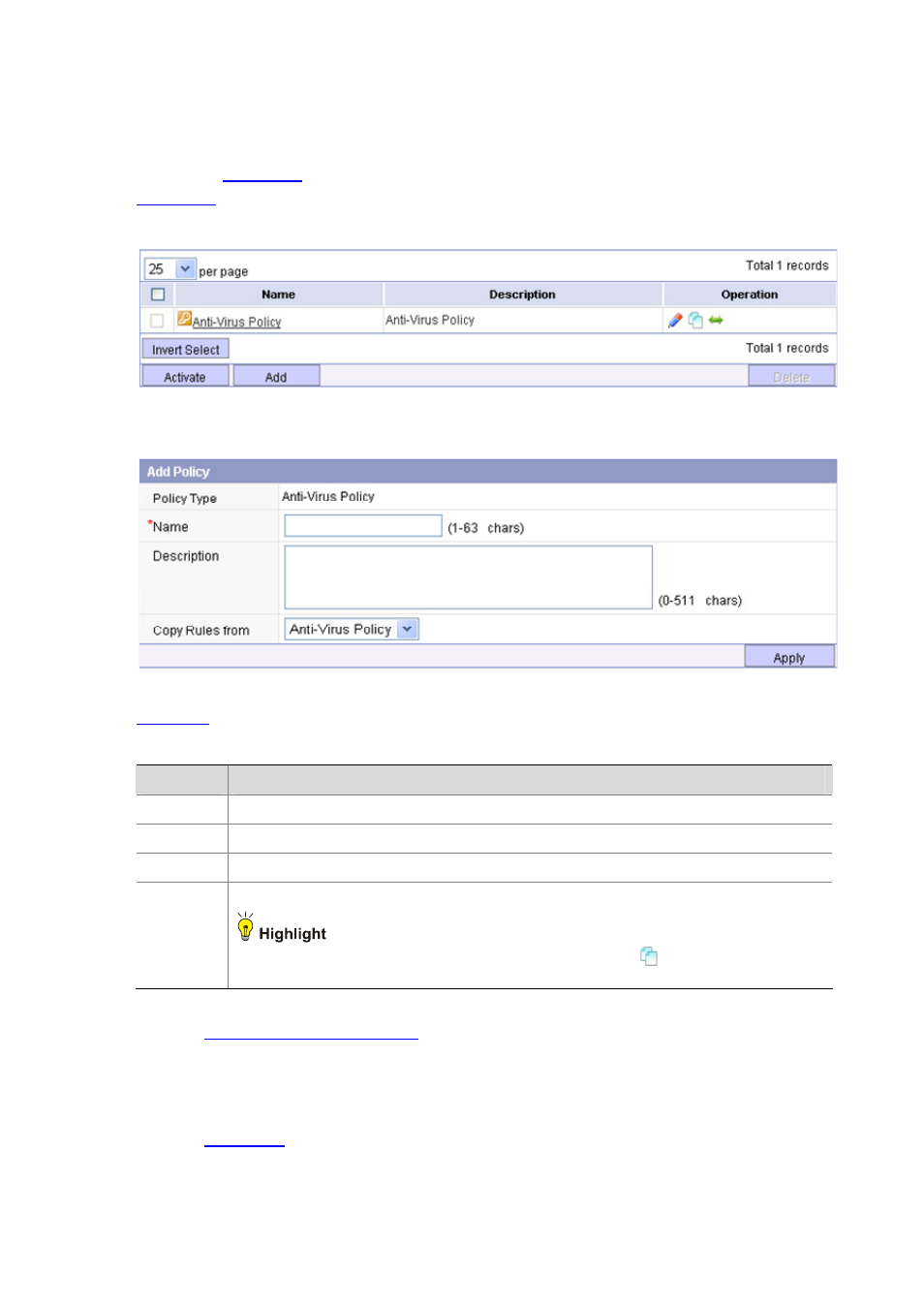 Creating an anti-virus policy, Configuring rules for the policy | H3C Technologies H3C SecBlade IPS Cards User Manual | Page 149 / 219