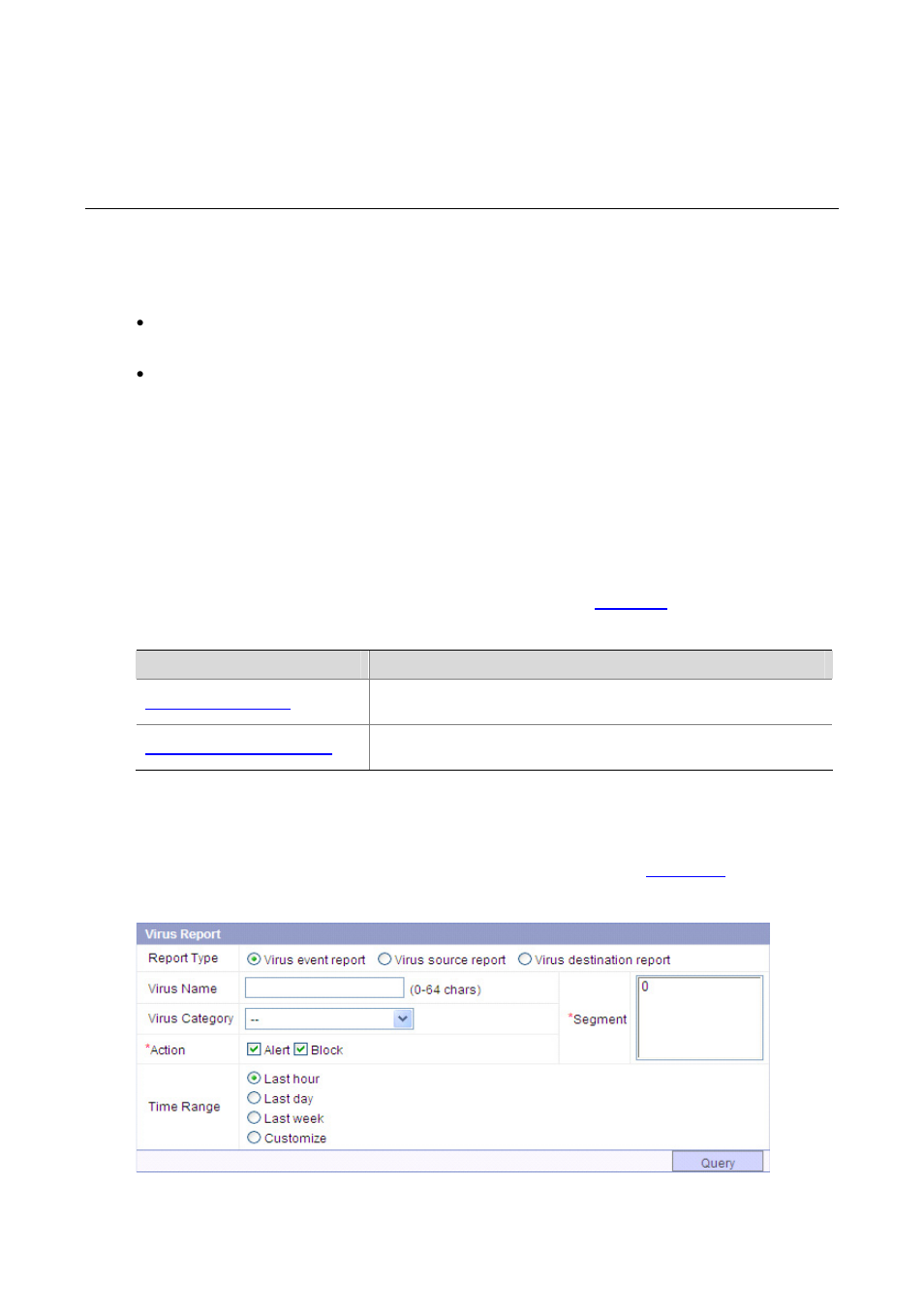 23 virus report, Overview, Configuring a virus report | Configuration task list, Querying virus reports, Virus report | H3C Technologies H3C SecBlade IPS Cards User Manual | Page 214 / 219