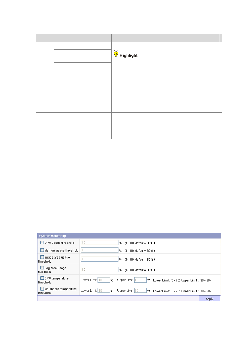 System monitoring, System monitoring overview, Configuring system monitoring | Table 3-7 | H3C Technologies H3C SecBlade IPS Cards User Manual | Page 35 / 219