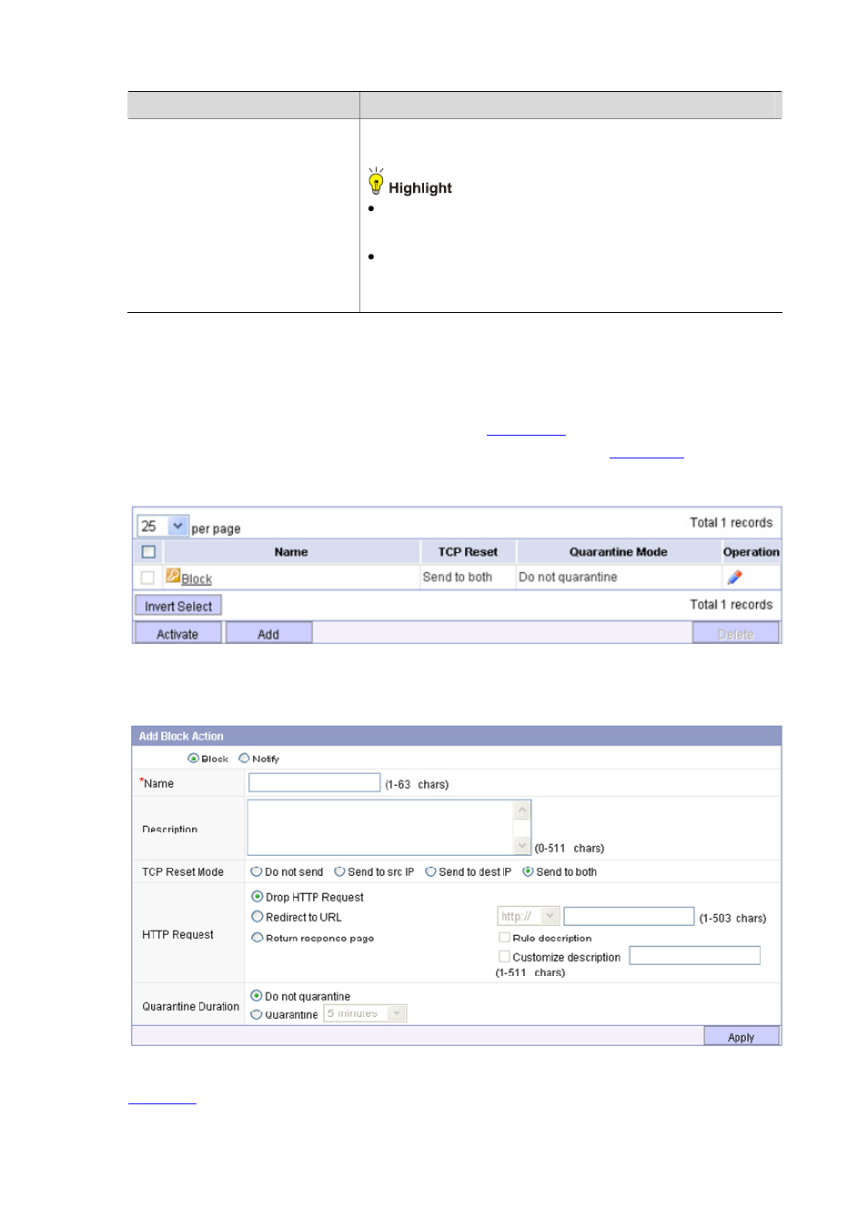 Creating a block action | H3C Technologies H3C SecBlade IPS Cards User Manual | Page 85 / 219