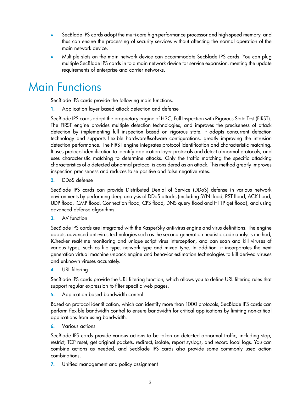 Main functions | H3C Technologies H3C SecBlade IPS Cards User Manual | Page 10 / 85