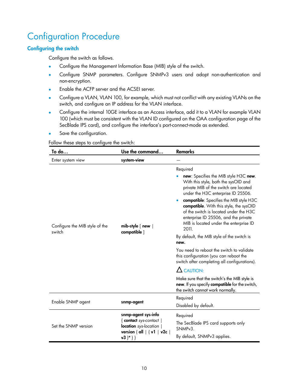 Configuration procedure, Configuring the switch | H3C Technologies H3C SecBlade IPS Cards User Manual | Page 17 / 85