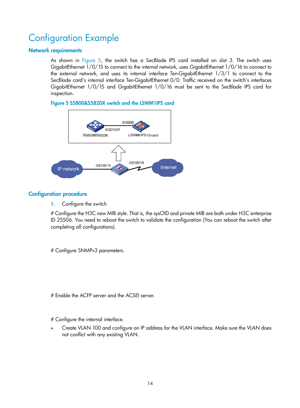 Configuration example, Network requirements, Configuration procedure | H3C Technologies H3C SecBlade IPS Cards User Manual | Page 21 / 85