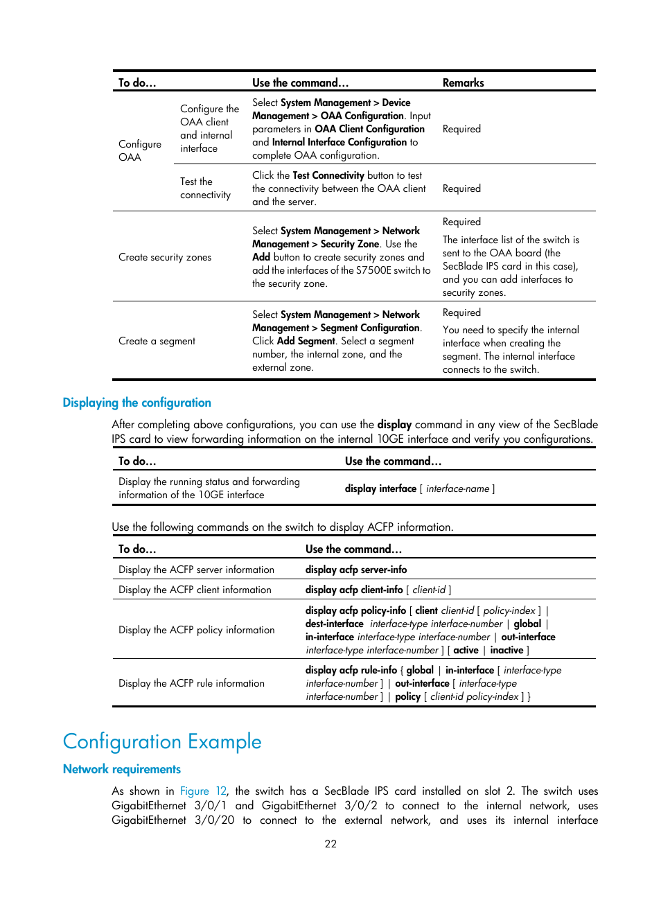 Displaying the configuration, Configuration example, Network requirements | H3C Technologies H3C SecBlade IPS Cards User Manual | Page 29 / 85