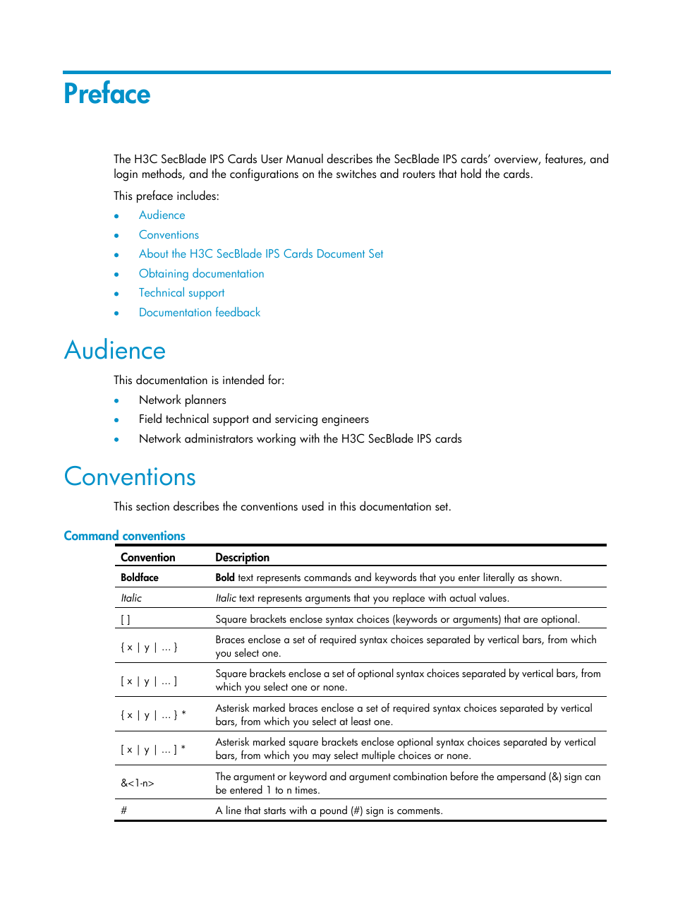 Preface, Audience, Conventions | Command conventions | H3C Technologies H3C SecBlade IPS Cards User Manual | Page 3 / 85