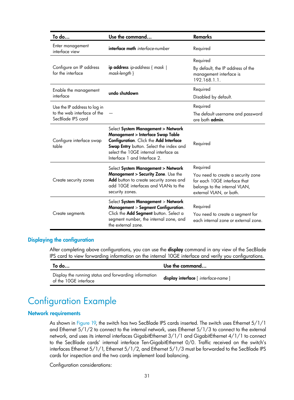 Displaying the configuration, Configuration example, Network requirements | H3C Technologies H3C SecBlade IPS Cards User Manual | Page 38 / 85