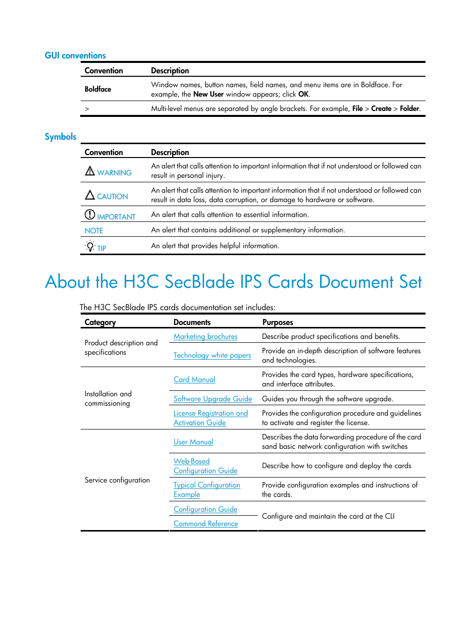 Gui conventions, Symbols, About the h3c secblade ips cards document set | H3C Technologies H3C SecBlade IPS Cards User Manual | Page 4 / 85