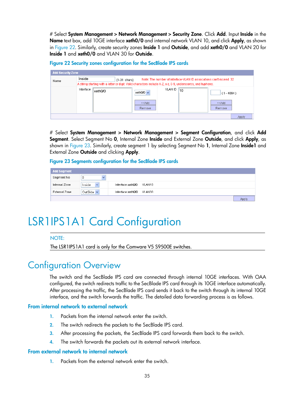 Lsr1ips1a1 card configuration, Configuration overview, From internal network to external network | From external network to internal network | H3C Technologies H3C SecBlade IPS Cards User Manual | Page 42 / 85