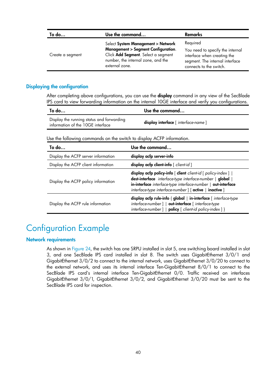 Displaying the configuration, Configuration example, Network requirements | H3C Technologies H3C SecBlade IPS Cards User Manual | Page 47 / 85