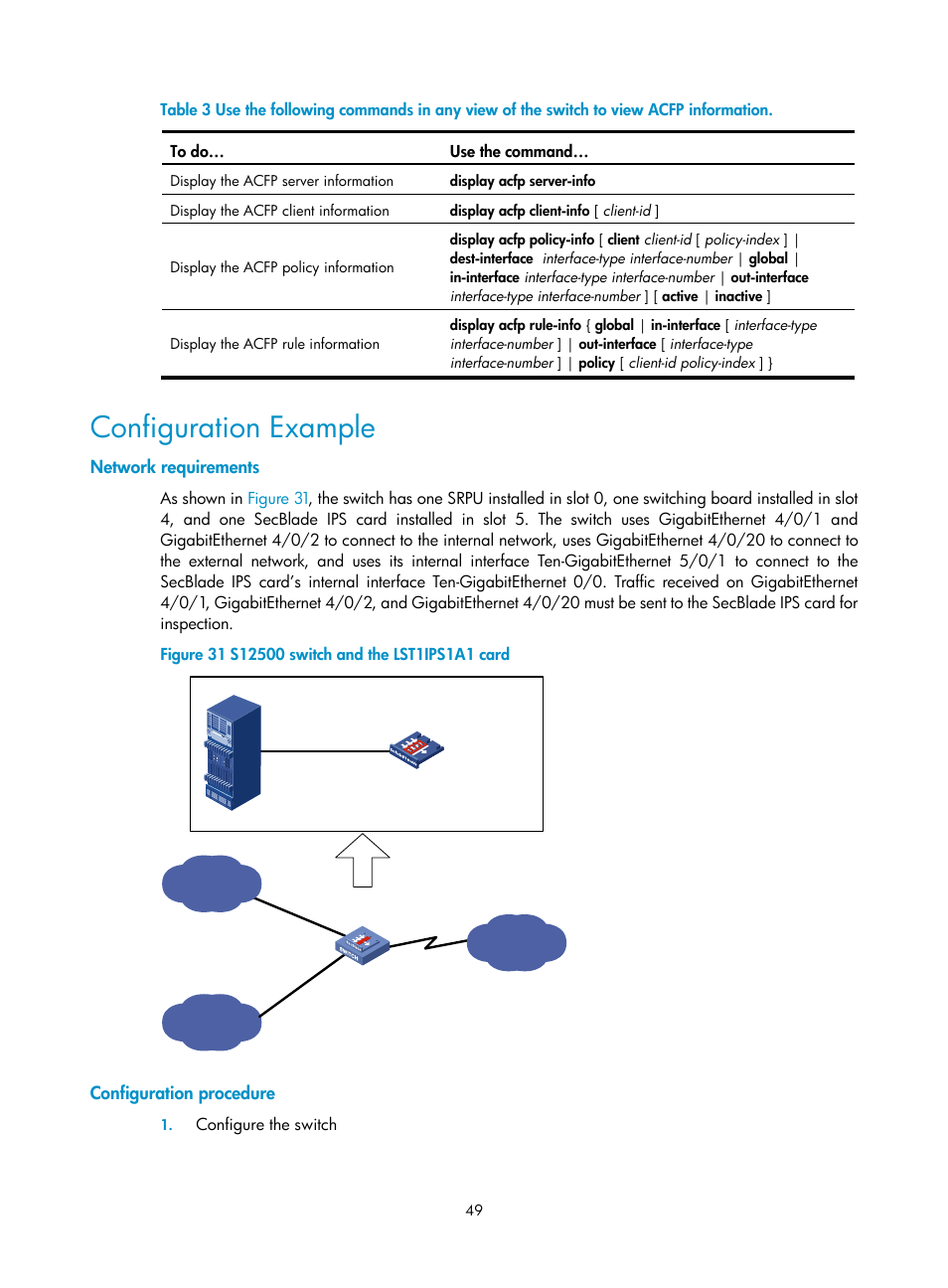 Configuration example, Network requirements, Configuration procedure | H3C Technologies H3C SecBlade IPS Cards User Manual | Page 56 / 85