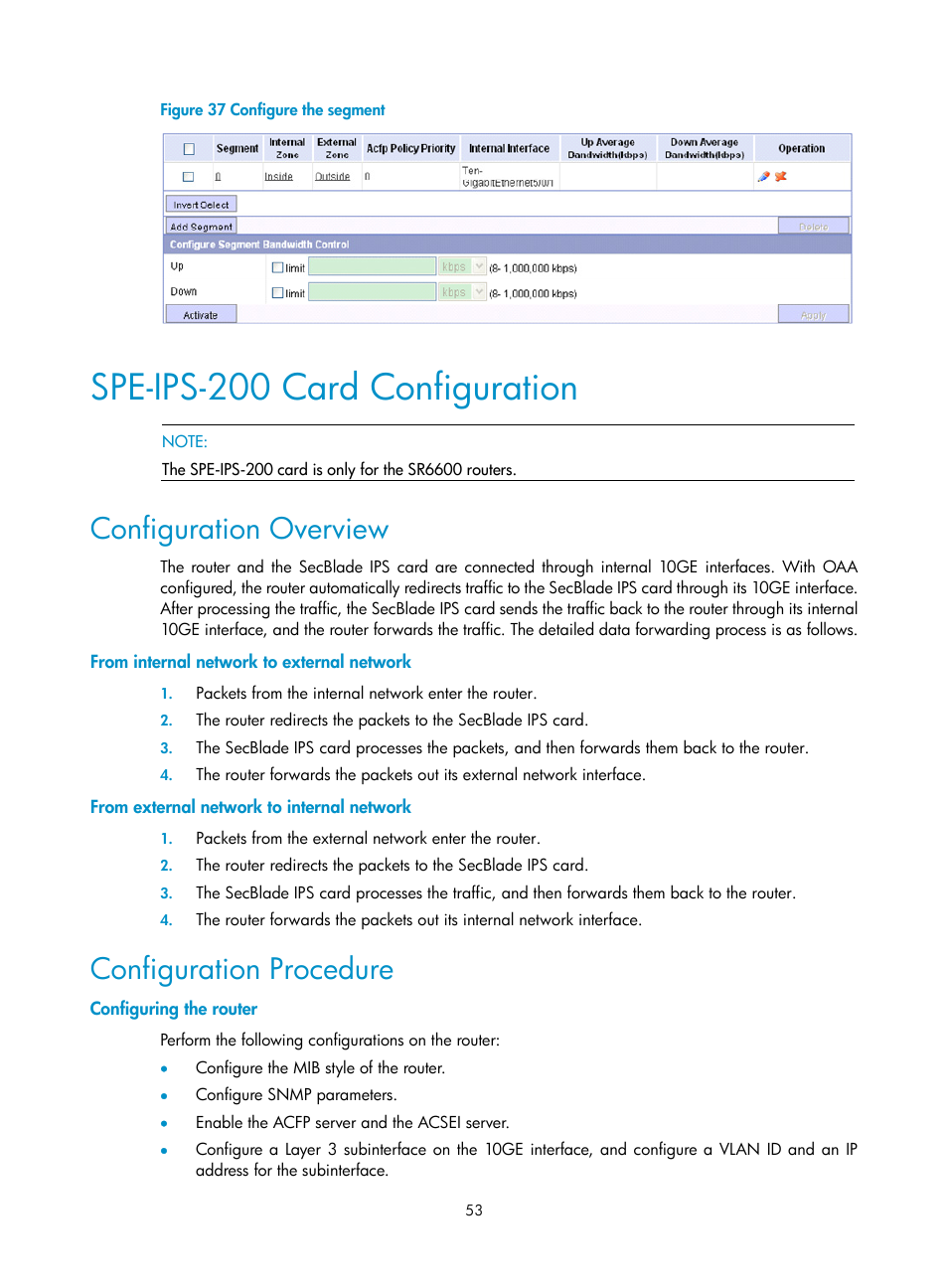 Spe-ips-200 card configuration, Configuration overview, From internal network to external network | From external network to internal network, Configuration procedure, Configuring the router | H3C Technologies H3C SecBlade IPS Cards User Manual | Page 60 / 85