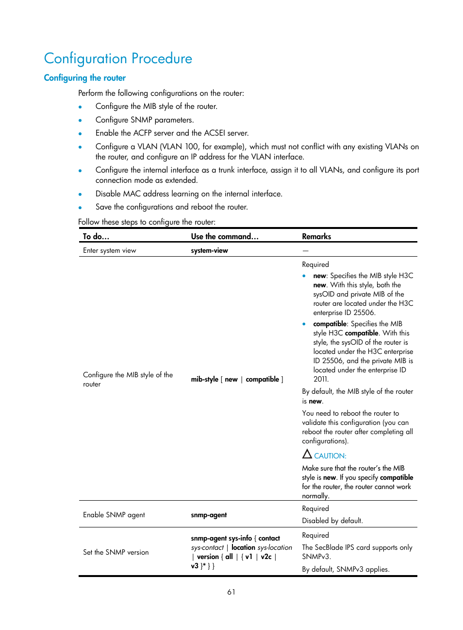 Configuration procedure, Configuring the router | H3C Technologies H3C SecBlade IPS Cards User Manual | Page 68 / 85