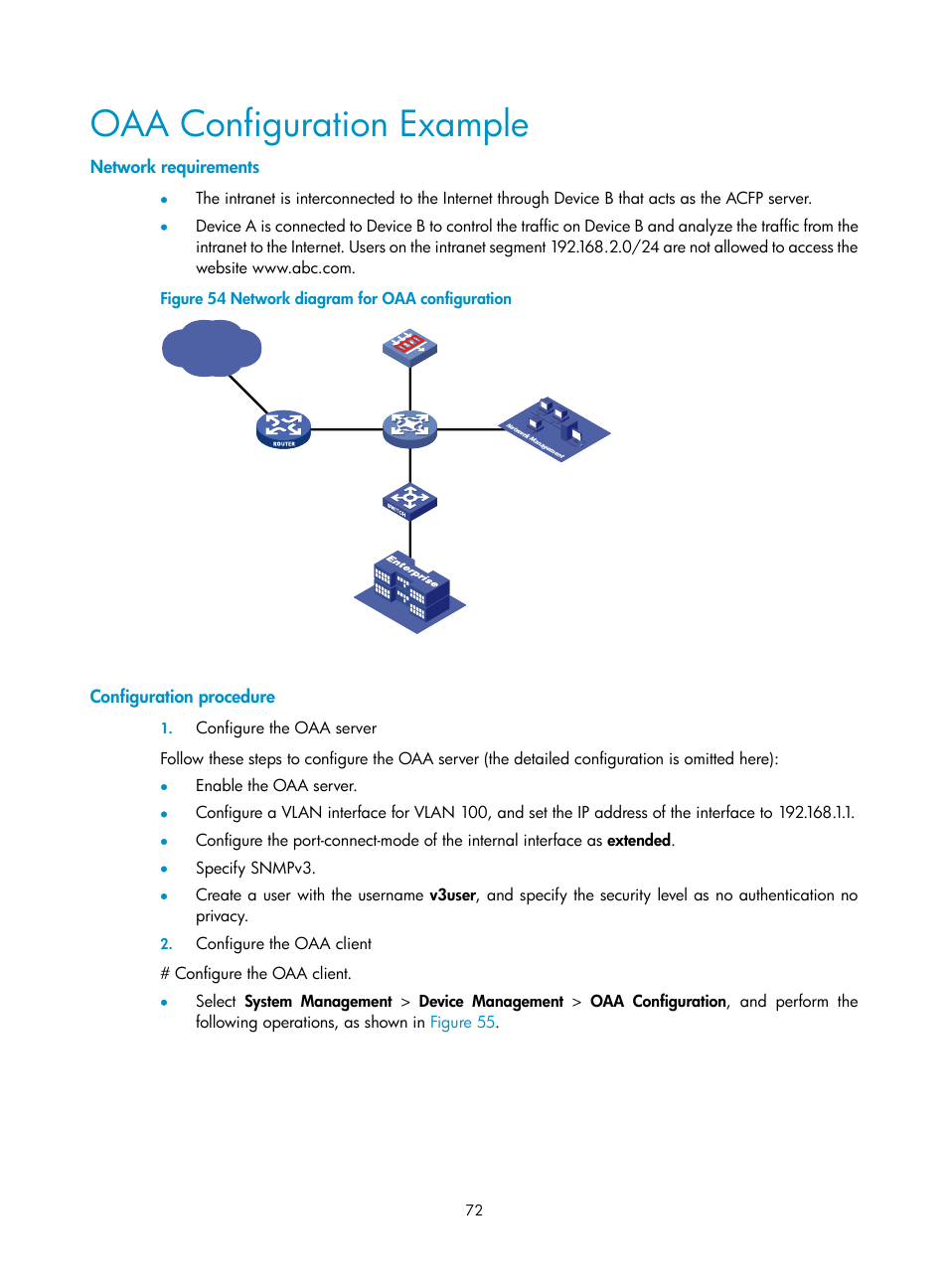 Oaa configuration example, Network requirements, Configuration procedure | H3C Technologies H3C SecBlade IPS Cards User Manual | Page 79 / 85