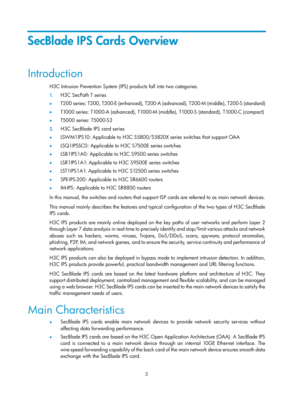 Secblade ips cards overview, Introduction, Main characteristics | H3C Technologies H3C SecBlade IPS Cards User Manual | Page 9 / 85