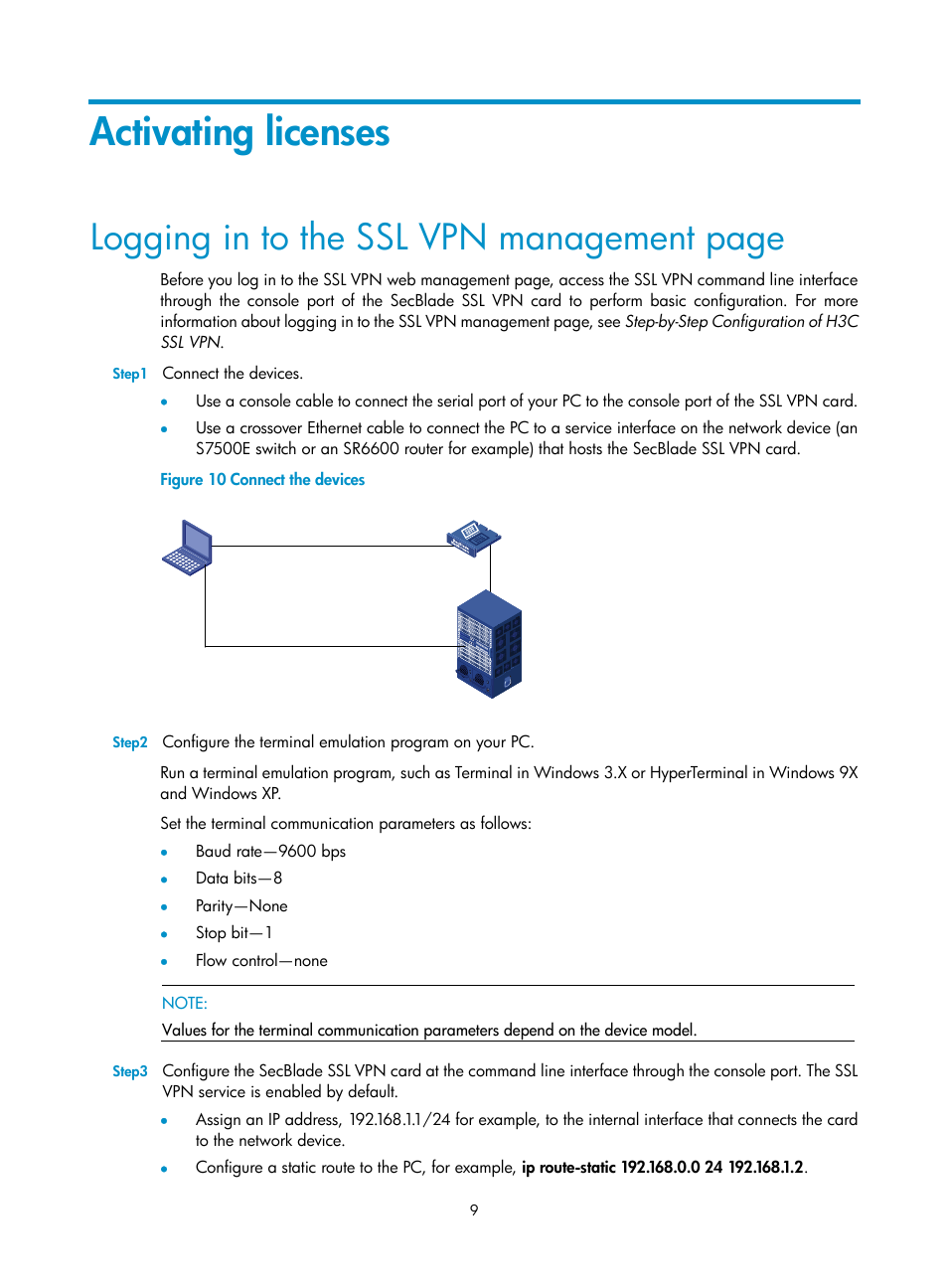 Activating licenses, Logging in to the ssl vpn management page | H3C Technologies H3C SecBlade SSL VPN Cards User Manual | Page 14 / 21