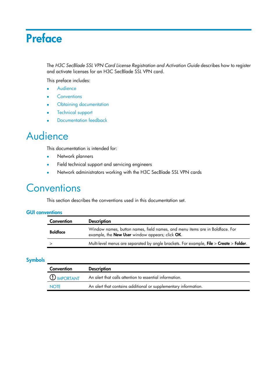 Preface, Audience, Conventions | Gui conventions, Symbols | H3C Technologies H3C SecBlade SSL VPN Cards User Manual | Page 3 / 21