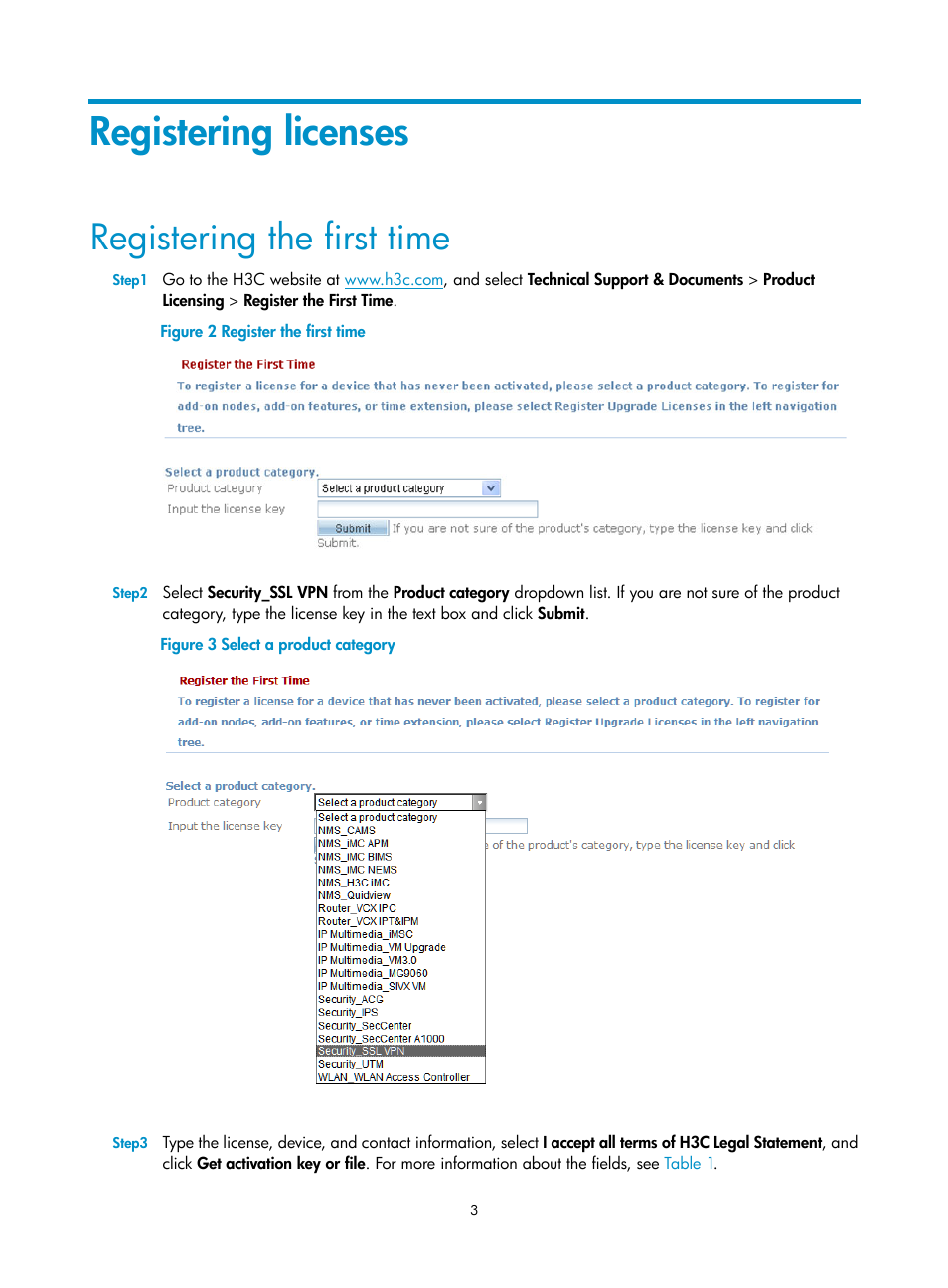 Registering licenses, Registering the first time | H3C Technologies H3C SecBlade SSL VPN Cards User Manual | Page 8 / 21