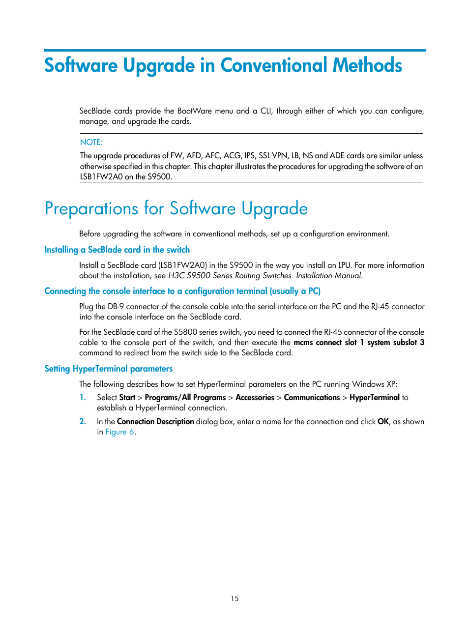 Software upgrade in conventional methods, Preparations for software upgrade, Installing a secblade card in the switch | Setting hyperterminal parameters | H3C Technologies H3C SecBlade SSL VPN Cards User Manual | Page 21 / 52