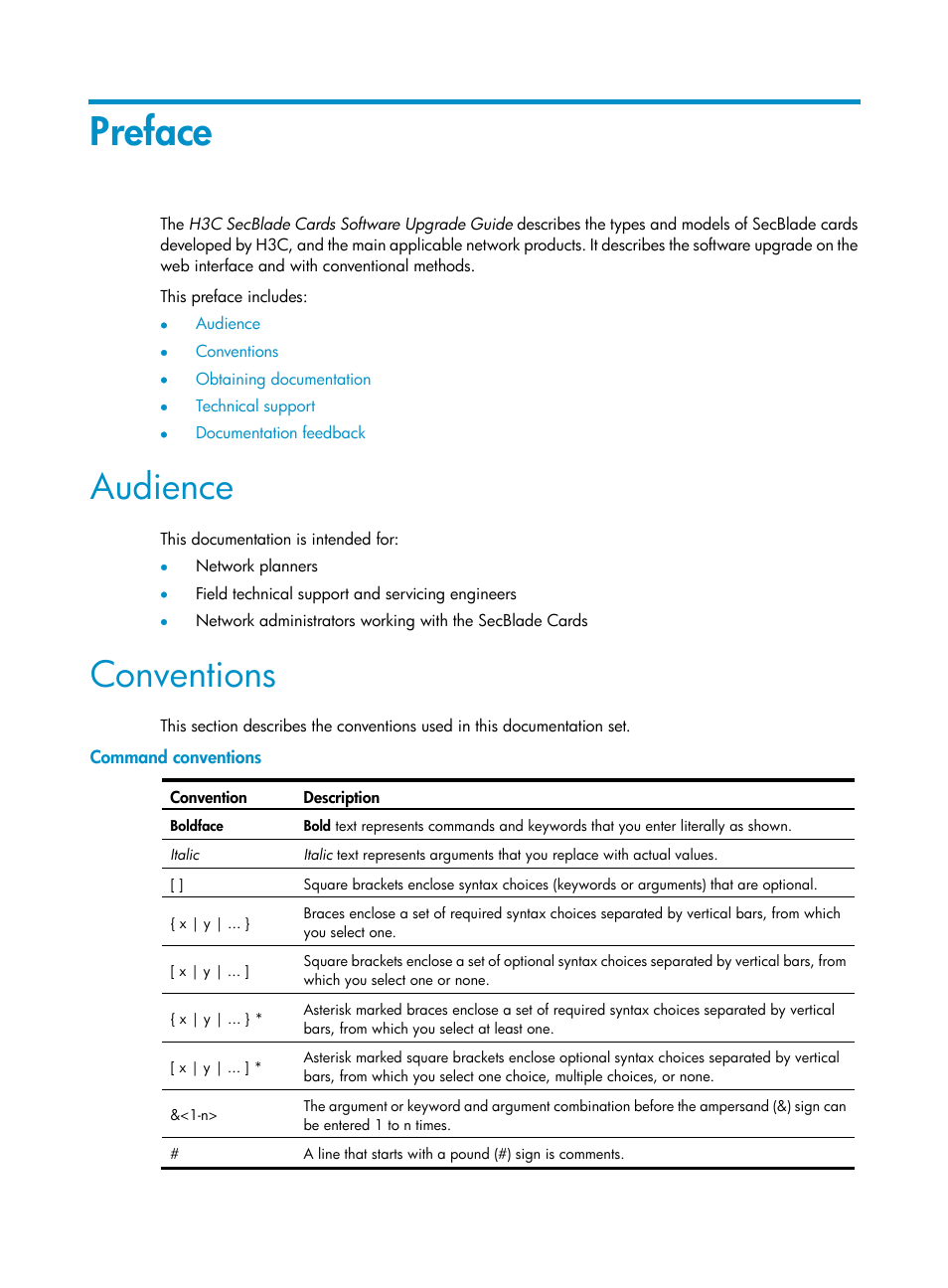 Preface, Audience, Conventions | Command conventions | H3C Technologies H3C SecBlade SSL VPN Cards User Manual | Page 3 / 52