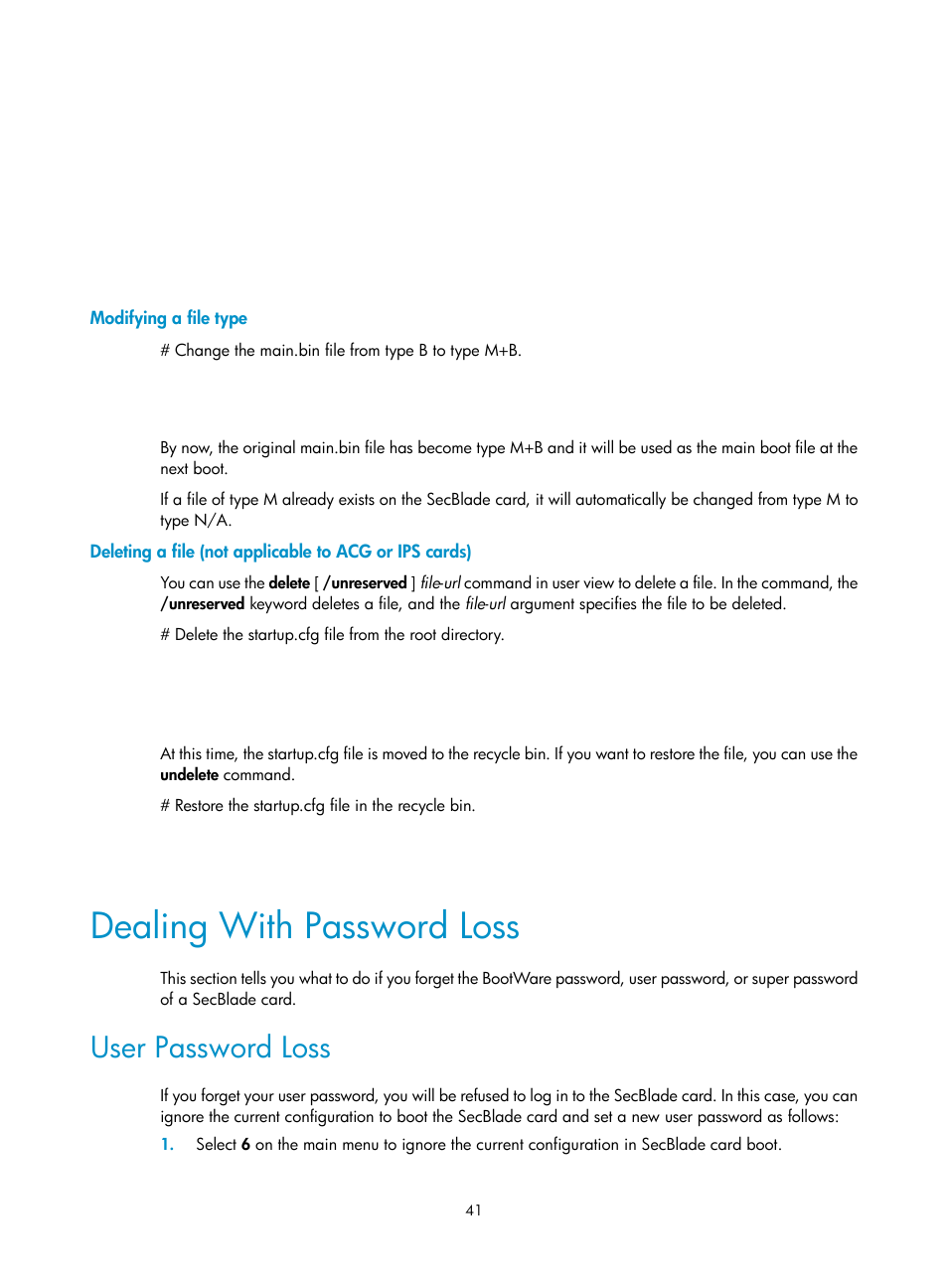 Modifying a file type, Dealing with password loss, User password loss | H3C Technologies H3C SecBlade SSL VPN Cards User Manual | Page 47 / 52