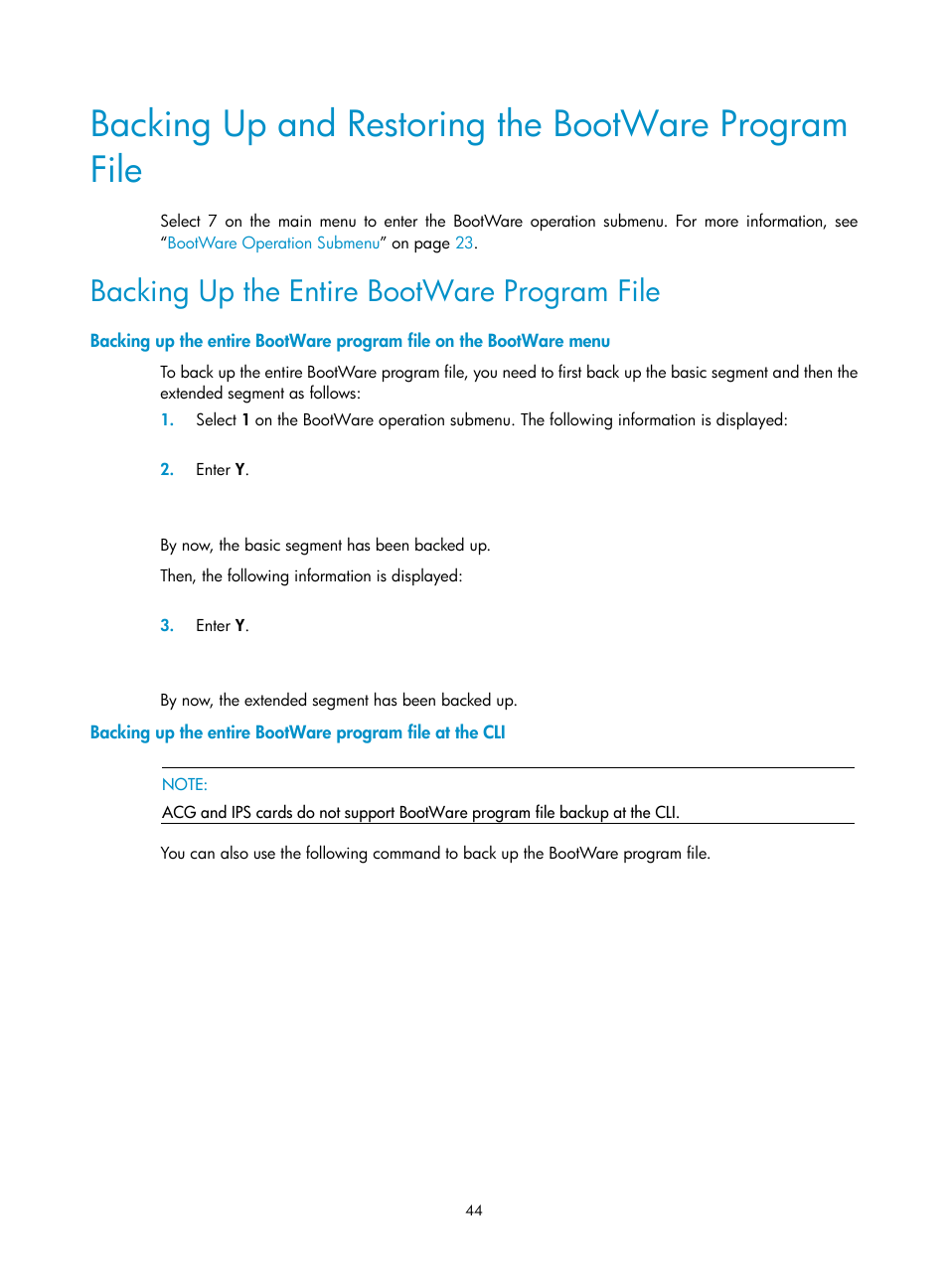 Backing up and restoring the bootware program file, Backing up the entire bootware program file | H3C Technologies H3C SecBlade SSL VPN Cards User Manual | Page 50 / 52