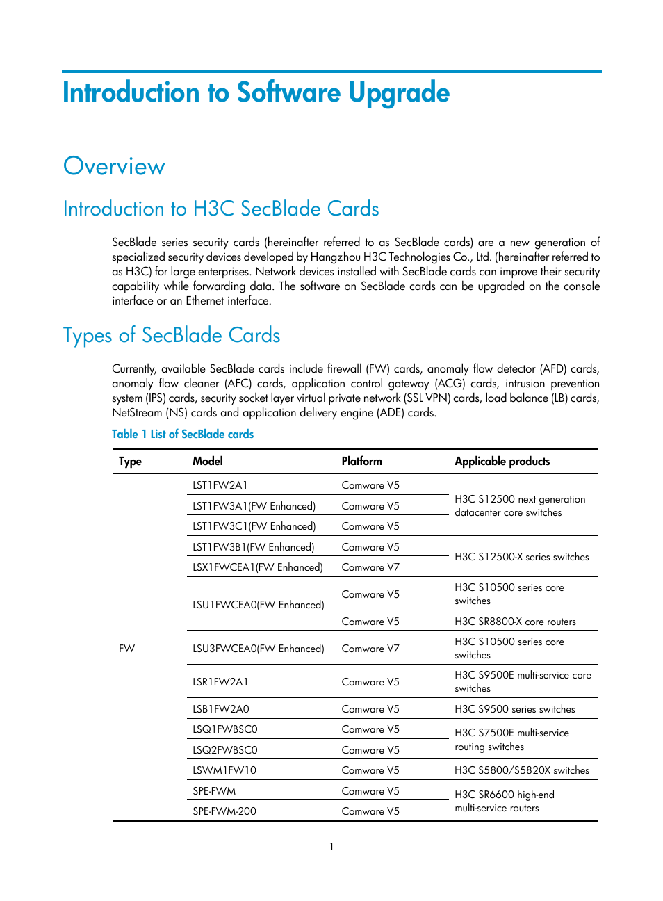 Introduction to software upgrade, Overview, Introduction to h3c secblade cards | Types of secblade cards | H3C Technologies H3C SecBlade SSL VPN Cards User Manual | Page 7 / 52