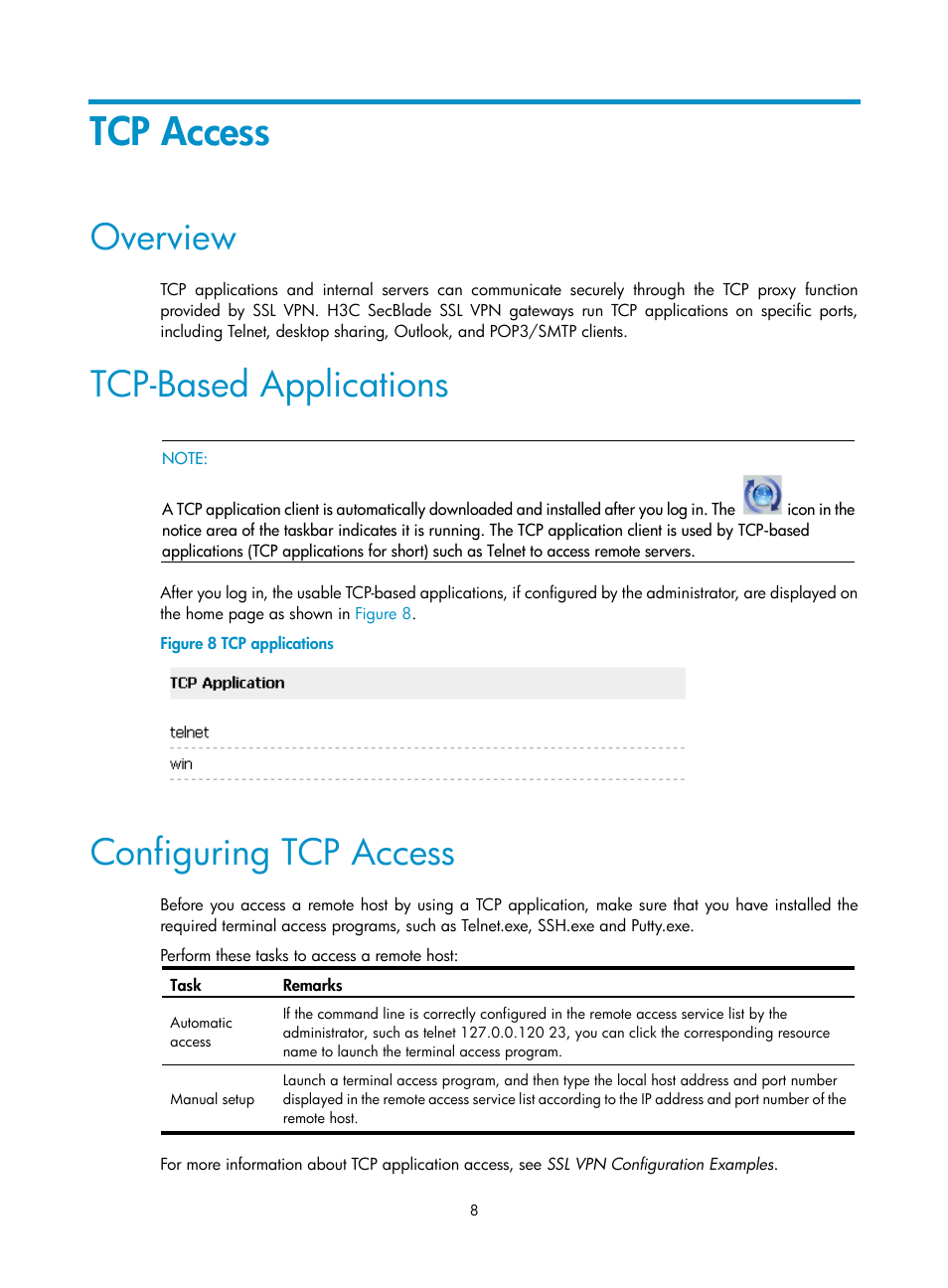 Tcp access, Overview, Tcp-based applications | Configuring tcp access | H3C Technologies H3C SecBlade SSL VPN Cards User Manual | Page 14 / 20