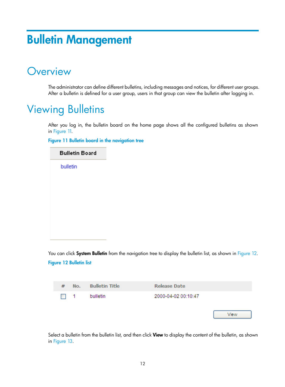 Bulletin management, Overview, Viewing bulletins | H3C Technologies H3C SecBlade SSL VPN Cards User Manual | Page 18 / 20