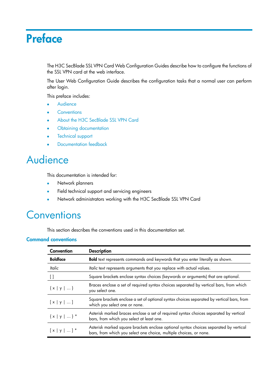 Preface, Audience, Conventions | Command conventions | H3C Technologies H3C SecBlade SSL VPN Cards User Manual | Page 3 / 20