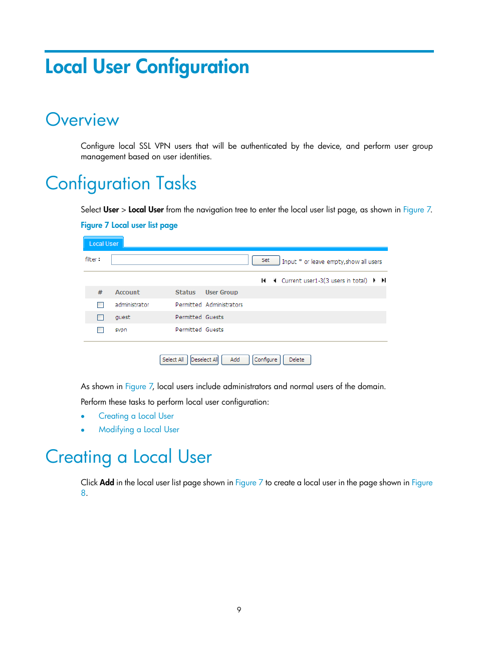 Local user configuration, Overview, Configuration tasks | Creating a local user | H3C Technologies H3C SecBlade SSL VPN Cards User Manual | Page 17 / 81