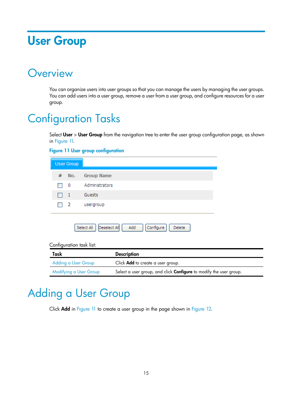 User group, Overview, Configuration tasks | Adding a user group | H3C Technologies H3C SecBlade SSL VPN Cards User Manual | Page 23 / 81