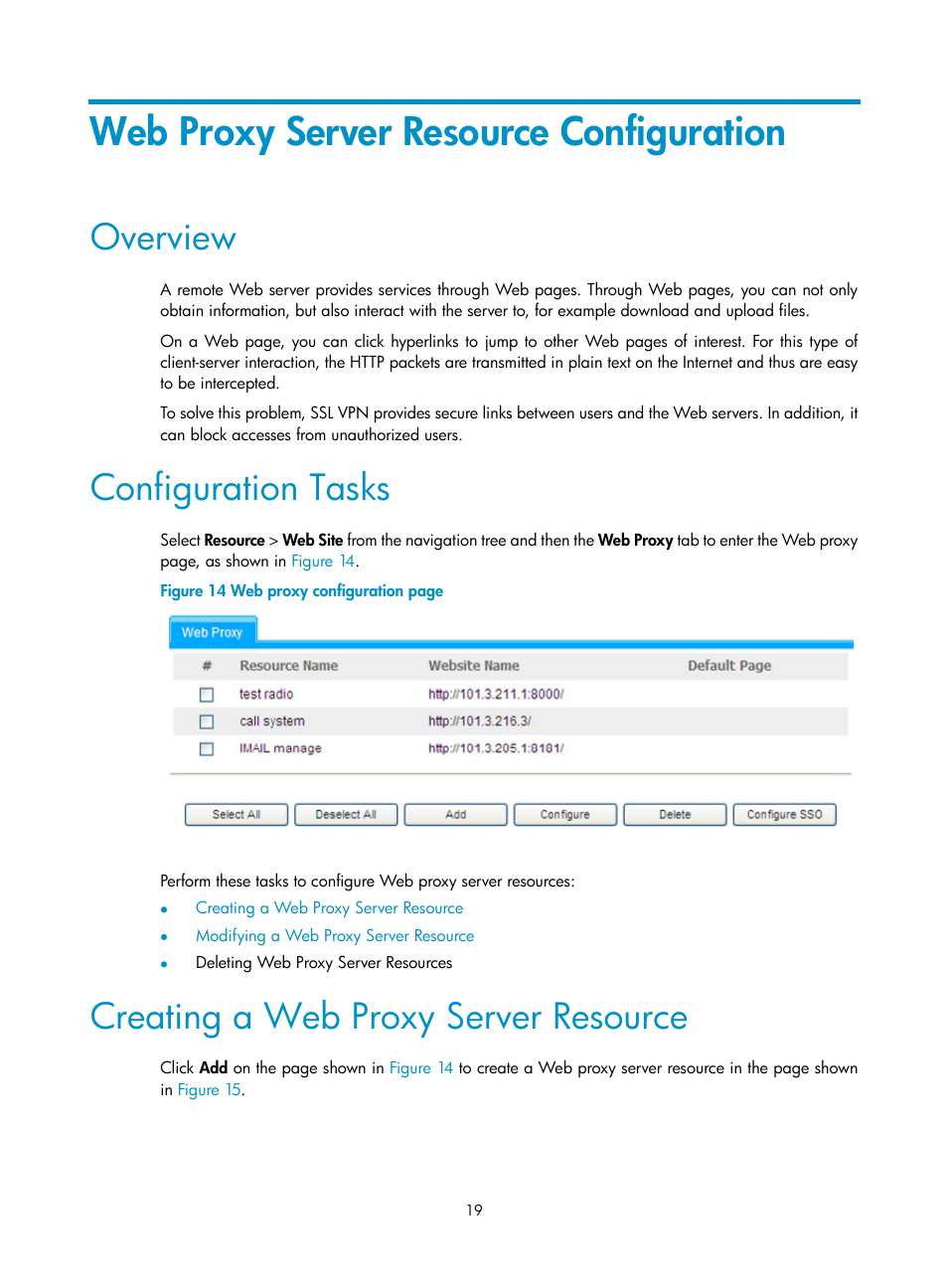 Web proxy server resource configuration, Overview, Configuration tasks | Creating a web proxy server resource | H3C Technologies H3C SecBlade SSL VPN Cards User Manual | Page 27 / 81