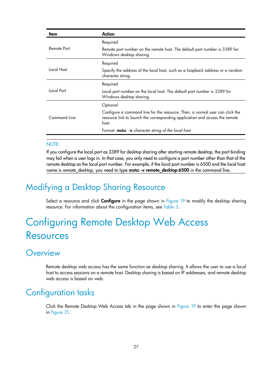 Modifying a desktop sharing resource, Configuring remote desktop web access resources, Overview | Configuration tasks | H3C Technologies H3C SecBlade SSL VPN Cards User Manual | Page 35 / 81