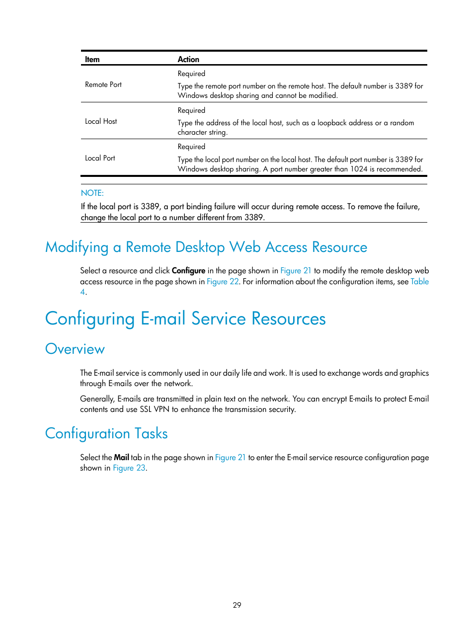 Modifying a remote desktop web access resource, Configuring e-mail service resources, Overview | Configuration tasks | H3C Technologies H3C SecBlade SSL VPN Cards User Manual | Page 37 / 81