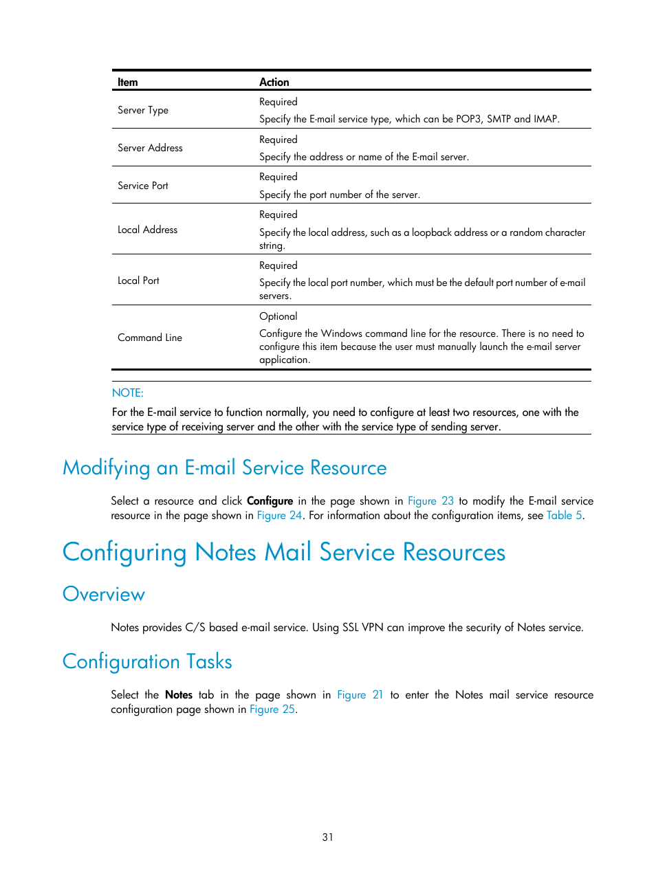 Modifying an e-mail service resource, Configuring notes mail service resources, Overview | Configuration tasks | H3C Technologies H3C SecBlade SSL VPN Cards User Manual | Page 39 / 81