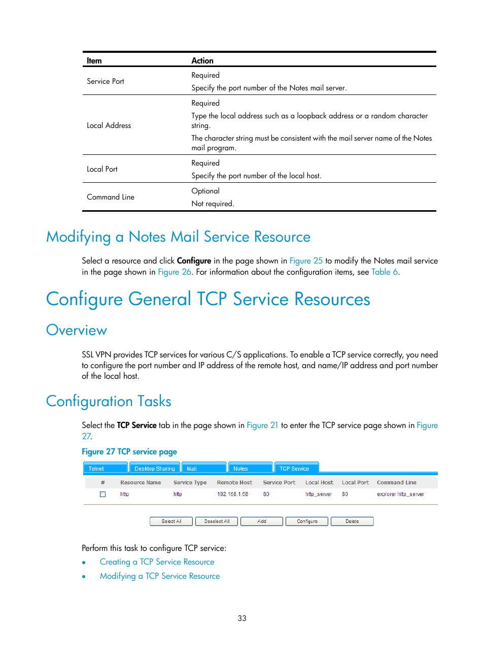 Modifying a notes mail service resource, Configure general tcp service resources, Overview | Configuration tasks | H3C Technologies H3C SecBlade SSL VPN Cards User Manual | Page 41 / 81