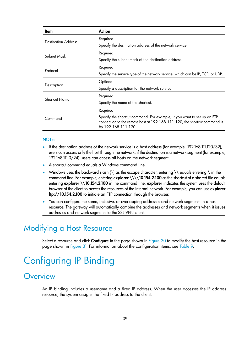 Modifying a host resource, Configuring ip binding, Overview | H3C Technologies H3C SecBlade SSL VPN Cards User Manual | Page 47 / 81